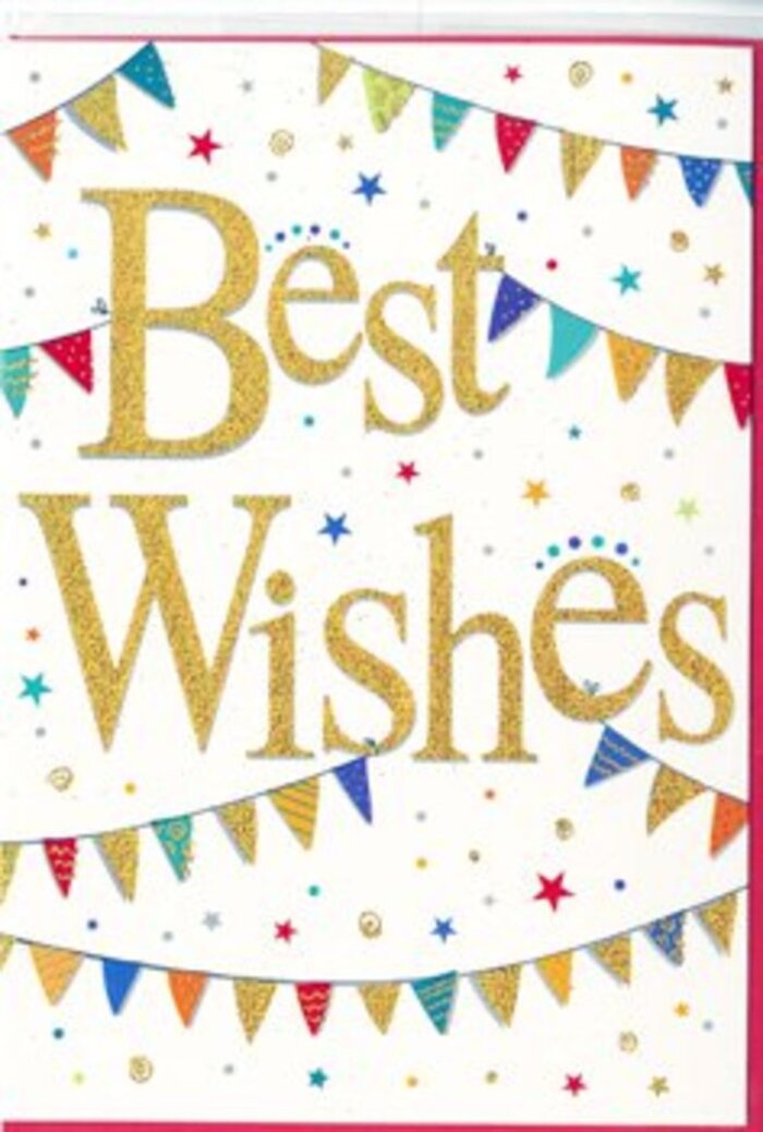 The Best Wishes card shown here exudes the same lively yet polished atmosphere you might feel wandering through Covent Garden on a sunny afternoon. The card stock appears smooth and bright, a clean white canvas that gives plenty of breathing room to the vibrant design. At its centre, the greeting Best Wishes glows in an elegant golden script. The letters appear embossed and gently raised from the surface, with a metallic sheen that suggests quality foiling, catching even the slightest hint of light much like reflections on shop windows around the Market Building. This golden calligraphy balances sophistication with friendliness, making the message feel personal and sincere. Surrounding the central words are graceful arcs of bunting that sweep across the top and bottom, as if framing the phrase in a festive embrace. Each tiny triangle of bunting is a celebration in itself, painted in a medley of bright colours-sapphire blue, ruby red, emerald green, lemon yellow, and lively pink-some decorated with stripes, others with polka dots or small mosaic-style patterns. A few carry subtle touches of glitter or metallic ink, evoking the sparkle of lights and buskers' costumes around the Piazza in the evening. Scattered in between the bunting, smaller details bring the scene to life: delicate stars and tiny round confetti dots float freely across the white space, some in gold and silver, others in coordinating colours. They create a gentle sense of motion, as if caught in a soft breeze drifting through the open air of the market. The overall impression is joyful, inclusive and perfect for many happy occasions-a promotion in a nearby office, a new home in central London, or a personal milestone. It's easy to imagine this card accompanying a bouquet arranged by Covent Garden Florist, adding a golden, celebratory note to freshly cut stems and fragrant seasonal blooms.