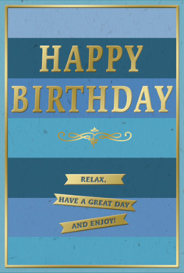This photograph presents a beautifully designed birthday card that marries tranquil blues with luminous gold, evoking the soothing side of Covent Garden once the crowds thin and the lights reflect softly on wet cobblestones. The card stands upright, allowing its full design to be clearly seen. The backdrop consists of generous horizontal bands, each a slightly different shade of blue. The lowest stripe is a deep, velvety navy, grounding the composition. Above it, the colours shift gently through ocean blue and cool teal, eventually ascending into paler, airy sky tones, creating a smooth ombre journey from dark to light. This layered effect adds depth, as if you are looking across distant horizons. In the centre, the words HAPPY BIRTHDAY are embossed in gleaming gold, each letter standing proudly above the surface of the card. The typeface is bold yet classically styled, the metallic finish catching and holding glints of light in a way that feels polished, much like the elegant shopfronts and historic façades around the Covent Garden piazza. Directly beneath the greeting, an ornate golden flourish sweeps out in a gentle curve, its delicate loops adding a romantic, almost vintage note. Below this flourish, three narrow golden banners descend in a neat vertical stack. Each banner is shaped like a fine ribbon with subtly angled ends and holds part of the friendly, encouraging sentiment: Relax, have a great day and enjoy! They appear slightly raised, producing faint, soft shadows that hint at the card's thickness and quality. Enclosing the entire design is a fine gold border, crisp and even, framing the blue bands and golden elements like a piece of artwork. The mood conveyed is calm yet quietly joyful, the sort of card you might tuck alongside a hand-tied bouquet from a trusted Covent Garden florist, offering someone in the heart of the city a moment of rest, warmth, and genuine birthday delight.