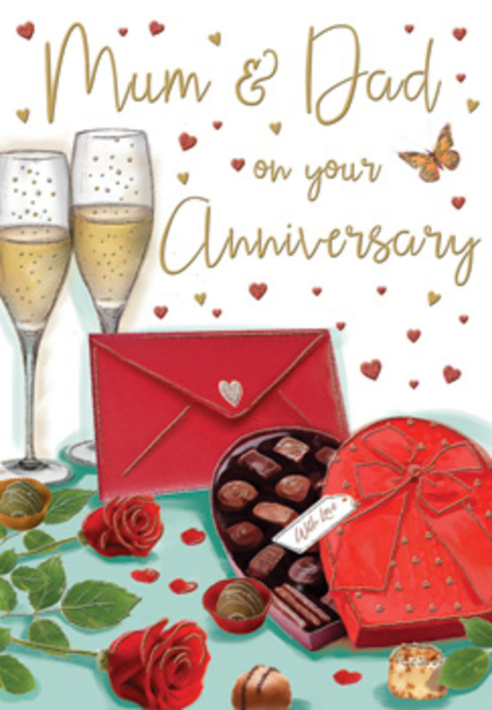 Elegant anniversary card design that captures the romance of central London, as though the scene were staged just around the corner from Covent Garden's flower stalls. At the back of the composition, two champagne flutes stand close together like devoted companions, their clear glass reflecting soft, golden highlights. Each flute is filled with sparkling champagne, the bubbles suspended in vertical streams that feel almost musical, like notes drifting from a nearby street performer. In front of them rests a heart-shaped box of chocolates in a rich, theatrical red, adorned with a lavish, flowing bow. The satin ribbon folds and twists across the lid, catching the light in a way that suggests luxurious texture beneath your fingertips. The lid is propped open to reveal an enticing selection of smooth, bite-sized chocolates lined up with care. To the side, two sumptuous red roses have been placed with quiet thoughtfulness. Their petals are painted in layered tones of crimson and ruby, opening in velvety spirals that recall the finest blooms chosen by an expert florist. Around them, fresh green leaves offer a cool counterpoint, echoing the greenery that spills from shop fronts and market stalls throughout Covent Garden. A few loose chocolates and scattered hearts in soft gold and deep red skitter across the table surface, adding a playful, celebratory rhythm. A vivid scarlet envelope, angled with casual elegance, suggests a handwritten card tucked safely inside, perhaps from children or grandchildren thanking Mum & Dad for a lifetime of love and support. Above, delicate gold and crimson hearts float around gently curved lettering, creating a halo of warmth and affection. The entire illustration radiates the feeling of a special evening, where roses, champagne, and sweet treats come together to mark an anniversary filled with shared history and quiet joy.