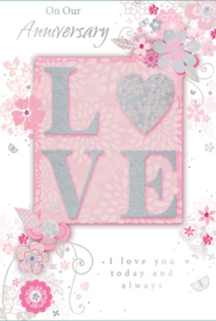 This anniversary card is presented in close focus, its design unfolding like a quiet love story told under the evening lights of Covent Garden. Dominating the centre is the word LOVE, printed in large, confident letters and finished with a frosted glitter effect that glimmers subtly when the card is tilted, much like theatre lights catching on sequins in nearby Drury Lane. The letters are embossed just enough to offer a gentle relief under the fingertips, encouraging touch. Flowing outwards from this focal word, wispy, hand-drawn blooms appear to drift along the borders and corners. Their petals are tinted in soft shades of pink, lilac, and creamy ivory, with fine grey outlines and shadowing that give each flower definition without overwhelming the delicacy of the design. Slender leaves, filigree lines, and tiny flourishes wrap around the blossoms in graceful arcs, while miniature butterfly motifs are tucked here and there, as if they have just settled on a windowsill overlooking the Piazza. The background is a smooth blush pink wash, slightly more intense around the central motif and fading towards the edges, creating a sense of depth and a gentle, sun-filled glow. Nestled among the decorative elements, an understated, elegant script shares the message I love you today and always along with other tender anniversary sentiments, the text printed in a soft grey or silver that harmonises with the palette. The card feels like a hand-tied bouquet translated into paper-a quiet, enduring tribute to love that would sit beautifully beside a vase of fresh blooms delivered from Covent Garden Florist to nearby homes, restaurants, or boutique hotels.