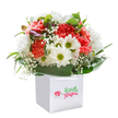 This joyful bouquet captures the spirit of Covent Garden in springtime-a playful gathering of coral and crimson carnations arranged for maximum vitality. Their finely frilled petals nestle alongside bright white daisies, each adorned with a shining green-gold center, recalling market mornings and streets scattered with flower petals after a busy festival. Baby's breath, scattered like tiny white clouds, floats delicately throughout the bouquet, infusing a breezy softness and sense of hopeful anticipation. Hints of purple-tinged budding blooms emerge discreetly, promising surprises to come. Framed by an abundance of rich, glossy green leaves, the bouquet forms a rounded, welcoming shape, presented upright in a simple white gift bag with graceful ribbon handles-ideal for carrying a sense of celebration through Covent Garden's winding passages. Every element of this arrangement suggests care and craftsmanship, from the skillful juxtaposition of colour and texture to the impeccable freshness of each stem. Whether marking a birthday, congratulatory moment, or just sharing a bright note across the city, this bouquet reflects both the artistry and inviting warmth found at the heart of Covent Garden.