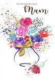 The Mother's Day card artwork shows a joyful, watercolour bouquet that feels as lively as the flower stalls around Covent Garden in early spring. A cluster of blooms, painted in rich purples, playful pinks, radiant reds, and serene blues, spills upward from a gracefully curved vase. Rather than sharply defined petals, the flowers are composed of sweeping, blended brushstrokes, their outlines suggested by deep indigo lines that give just enough structure to the arrangement. Soft patches of lavender and sky blue mingle with bolder splashes of cerise, while subtle touches of apricot and green hint at varied stems and leaves hidden within the mass of colour. Fine traces and tiny dots of gold shimmer along some petal edges and foliage, recalling the way sunlight can catch unexpected details as you stroll past the Piazza's arcades. The vase at the bottom anchors the composition, its rounded form finished with an elegant golden bow that feels like the final ribbon tied before an arrangement heads out for delivery to a nearby theatre dressing room or a family flat off Long Acre. Around the bouquet, flecks of paint, hearts, and small splashes scatter loosely across the crisp white background, evoking petals tossed in celebration or confetti caught midair. The mood of the illustration is light, affectionate, and quietly celebratory-a painted expression of gratitude, warmth, and the tender bond shared between a mother and her child, captured in colour and movement rather than words.