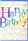 This image shows a vibrant birthday card that could easily be imagined resting beside a fresh bouquet from Covent Garden Florist, ready to be taken along to a celebration nearby. The words Happy Birthday stretch confidently across the card's front in wide, rounded letters that feel warm and inviting. Each letter showcases a distinct hue, forming a continuous rainbow sequence: deep red flowing into pink, burnt orange gliding into bright yellow, then softening into grassy greens before cooling into turquoise, cerulean, and royal blue, finishing in a calm lavender and violet. The blending between colours is subtle and harmonious, giving the impression of brushstrokes laid down in one smooth motion, like a painter building up layers of colour. The letters subtly stand out from the surface, hinting at a light embossing that invites touch. Behind this exuberant message, the background is filled with graceful lines of gold cursive, repeating the phrase Happy Birthday to you over and over in elegant handwriting. This golden script creates an intricate pattern, sparkling gently as ambient light would catch its slightly glittered finish-much like the delicate gleam of shop signs and lanterns around the Covent Garden Piazza in the evening. The background tone is light and neutral, giving space for both the bold colours and the shimmering script to shine without overwhelming the eye. The overall finish looks smooth and satiny, with a restrained sheen that speaks to careful design rather than showiness. The card as a whole radiates cheerful sophistication and heartfelt celebration, making it a fitting accompaniment to a thoughtfully arranged birthday bouquet delivered across Covent Garden and central London.