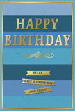 The image shows a graceful birthday card whose design blends cool blue tones with elegant gold accents, perfectly suited to a relaxed celebration in a Covent Garden flat overlooking the lively streets below. The background is created from wide horizontal stripes, each stripe a step in a smooth ombre of blues. At the base, a rich navy band anchors the card; as your gaze moves upward, the colours gently transition through ocean and teal shades to a soft, pale sky blue near the top, suggesting quiet depth and a sense of open space. Centred across this layered backdrop, the words HAPPY BIRTHDAY are embossed in metallic gold. The letters are tall, solid, and slightly raised, catching the light in warm reflections similar to the glow of evening light on the market's old stonework. Just beneath, a stylish golden flourish arcs gracefully from side to side, its curved lines adding a touch of classic, almost theatrical elegance that feels at home in this part of London. Below the flourish, three slim gold banners are lined up in a tidy vertical stack. Each ribbon-like banner holds part of a kind, simple message: Relax, have a great day and enjoy! The embossing on these banners creates a gentle dimensional effect, with soft shadows that suggest texture and quality cardstock. A fine golden frame runs around the card's outer edge, uniting the design elements and lending a sense of polish and completion. Overall, the card radiates a quiet, sophisticated cheer, easy to imagine propped beside a bouquet of fresh birthday flowers from Covent Garden Florist, inviting the recipient to step back from the city's bustle and immerse themselves in a moment of calm, heartfelt celebration.
