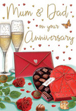 Romantic anniversary card artwork that feels right at home among the theatres and flower stalls of Covent Garden, as if captured after a dinner date in a tucked-away restaurant. The scene is anchored by two tall champagne flutes, standing gracefully at the back with their slender stems nearly touching. Their clear bowls are filled with soft golden champagne, fine bubbles rising through the liquid and pausing near the surface, as though waiting for the moment glasses meet in a gentle toast. In the foreground, a plush heart-shaped box of chocolates takes centre stage, its deep red surface and dramatic satin bow painted in lush, warm tones reminiscent of velvet theatre curtains. The open lid reveals an orderly array of shiny chocolates, each one resting in its own little cradle, ready to be shared. Nestled nearby are two vivid red roses, their petals luxuriantly full and velvety, curling outward in elegant spirals that suggest careful selection by a skilled florist. Fresh, glossy green leaves set off the roses' rich colour, adding a breath of natural brightness amid the warm reds and golds. Around them, a scattering of individual chocolates and tiny golden and crimson hearts drifts across the design, infusing the composition with a sense of movement and joyful spontaneity, like confetti caught in a breeze along the cobbled streets. A bright scarlet envelope peeks from beneath the chocolate box, hinting at a handwritten note addressed lovingly to Mum & Dad. Above, light, flowing lettering and softly glowing heart motifs frame the scene in a halo of affection. The illustration suggests the imagined scent of roses and chocolate, the murmur of conversation, and the comfortable, enduring love of an anniversary celebrated in the heart of London's Covent Garden.